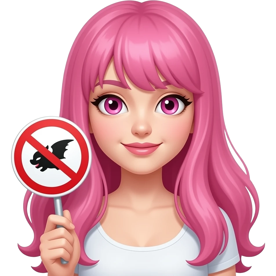 sexy girl with long pink hair and pink eyes holding a NO sign emoji