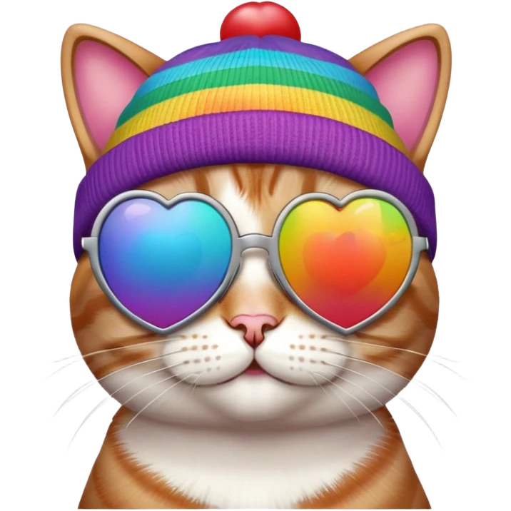 cat wearing a rainbow beanie and heart-shaped sunglasses emoji