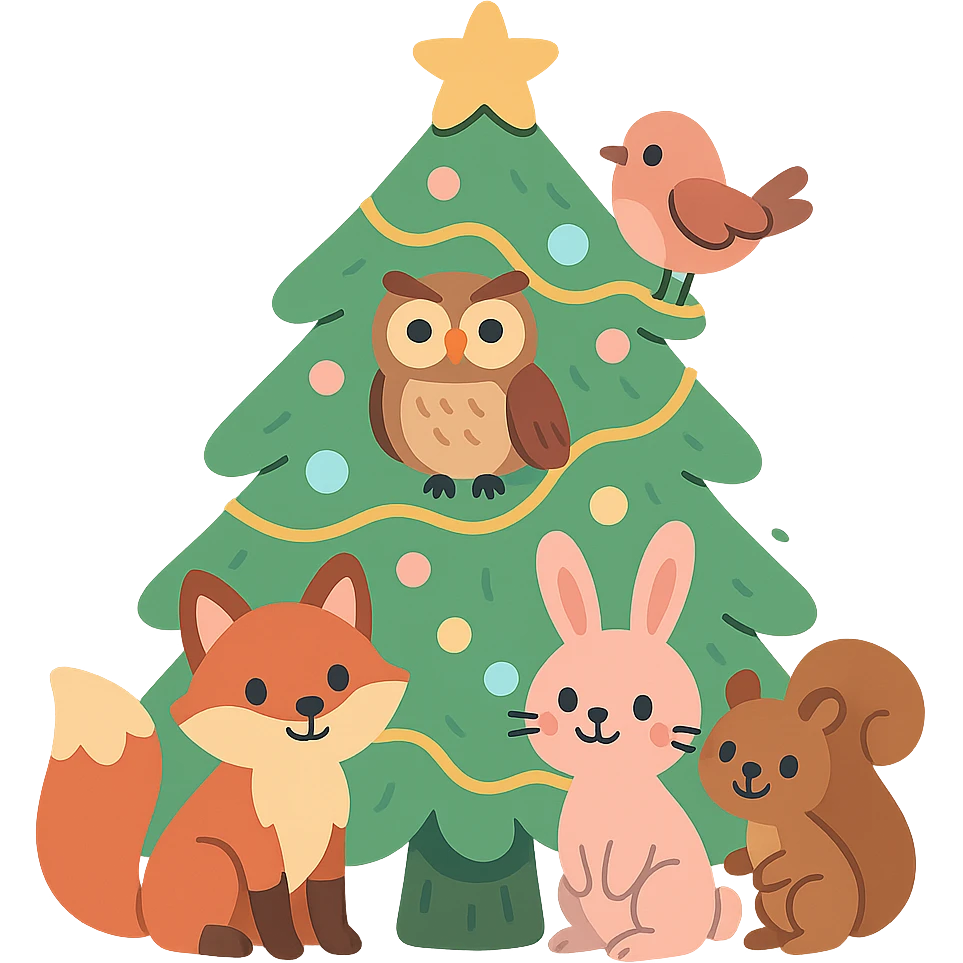 pine tree decorated with woodland critters in pastel-toon style emoji