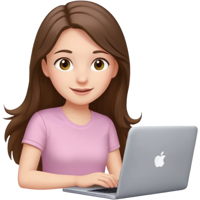 happy white long brunette hair girl with hazel eyes and in light pink using laptop emoji