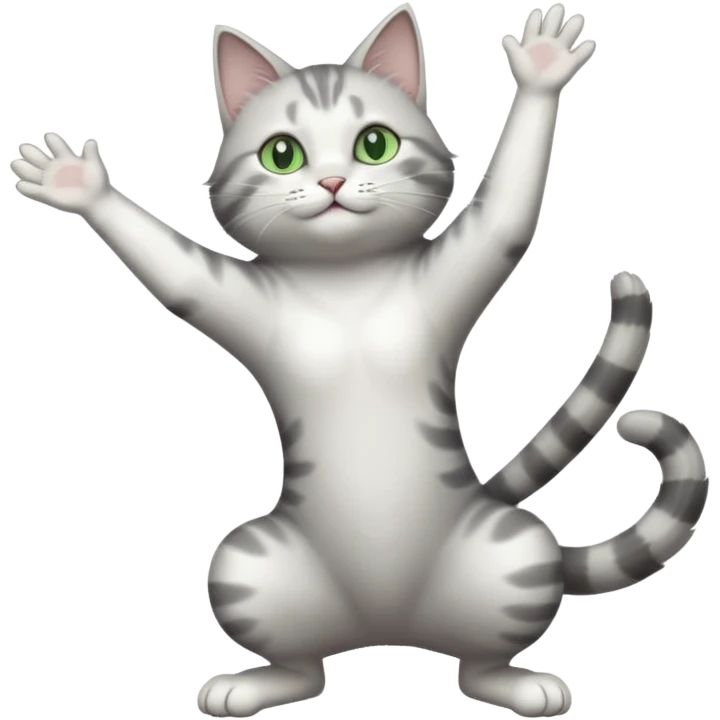 grey and white cat with green eyes doing a big long stretch reaching up into the air with arms and legs side by side together emoji