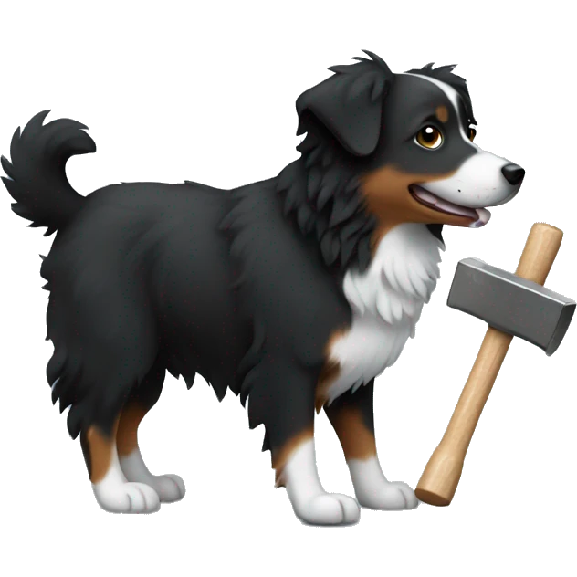 Small black australian shepherd dog building with hammer  emoji