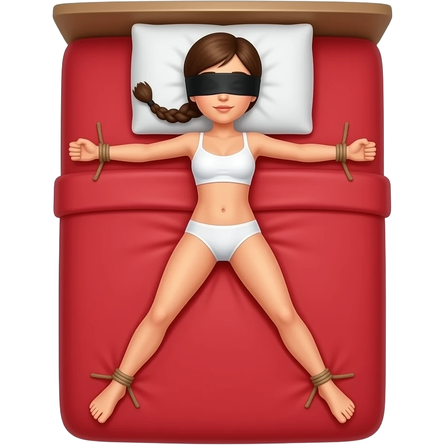 woman in blinfold, in white underwear, braided ponytail, laying down, arms and laegs tied apart, on red bed emoji