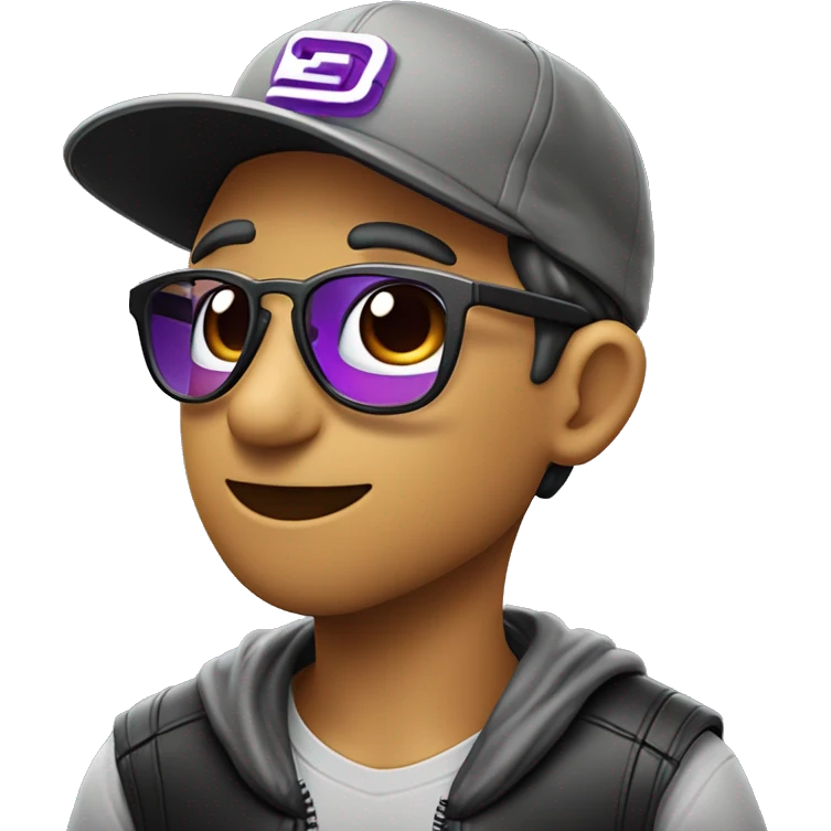 logo ilustrado , estilo emote. chico pelo negro, con gorra de beisbol con el logo de twitch. chamarra gris, con lentes de ver. sosteniendo un corazon enamorado emoji
