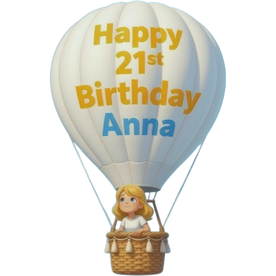 Happy 21st Birthday Anna written on a hot air balloon blond girl in basket emoji