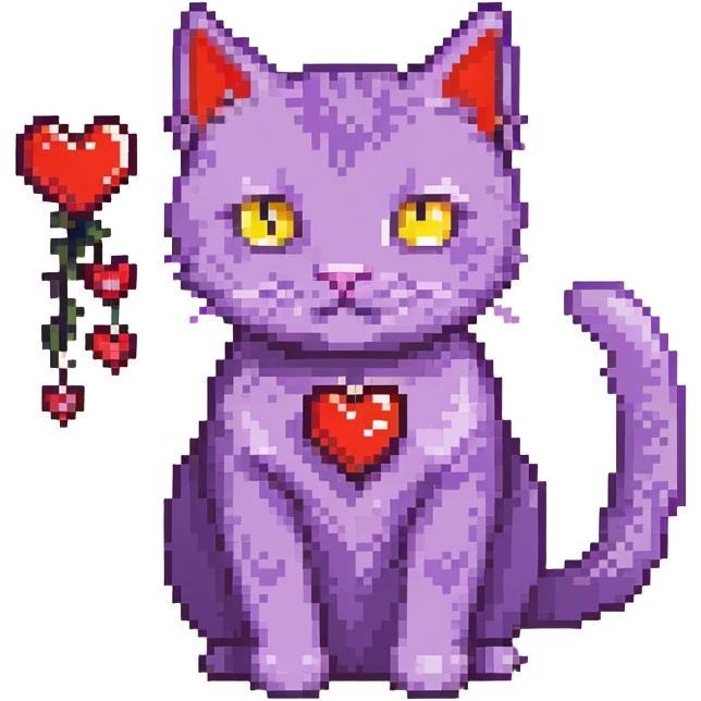 a purple cat with red hearts emoji