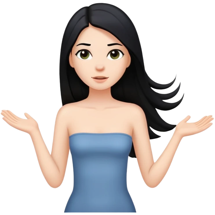 White girl with very long straight black hair falling in front of her bare shoulders and body emoji