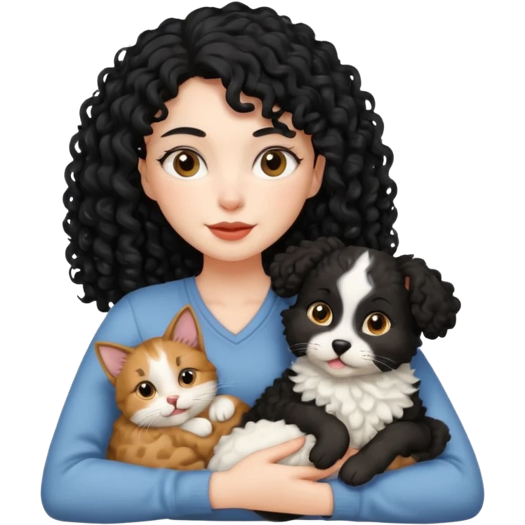 Moça branca com cabelo cacheado preto. Com um gato e um cachorro no colo emoji