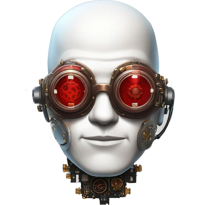 Bald cyborg head with red steampunk goggles, white five o’clock shadow, and circuits emoji