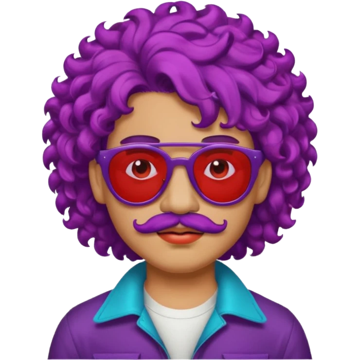 purple haired, curly big haired mexican boy with red sunglassess, vrey cool and lipstick and mstache emoji