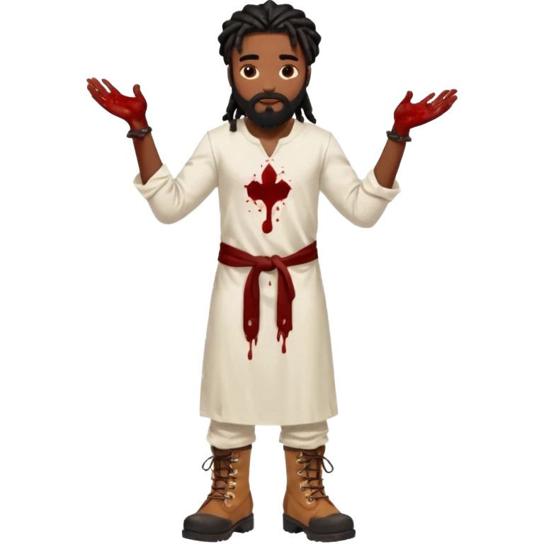 African American man with shoulder length black dreadlocks with black beard wearing a white tunic with blood on it wearing timberland boots with hands out clean emoji