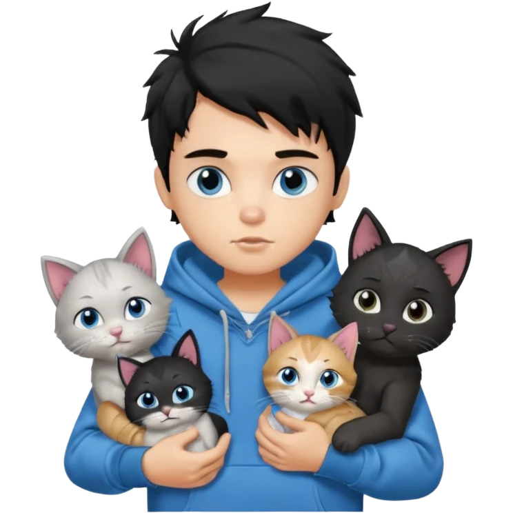generate a pretty fair bratz boy with black messy hair holding 3 cats.  Wearing a grey hoodie emoji