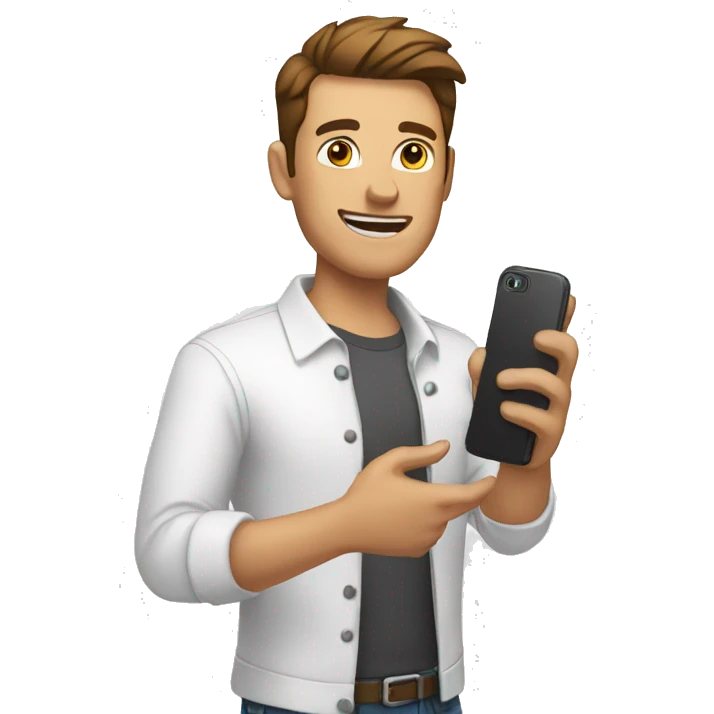 man in white shirt holding phone emoji