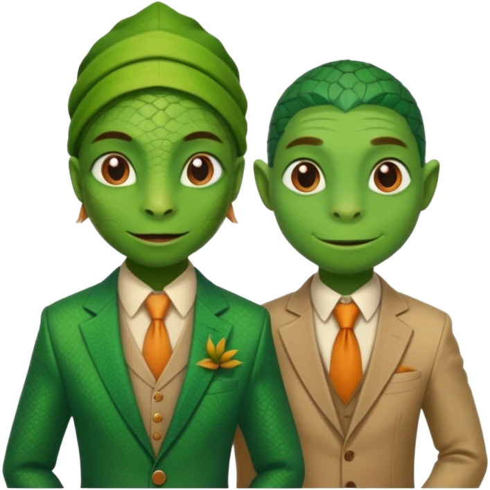 Female lizard and male lizard wearing human clothes emoji
