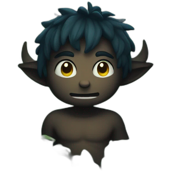 small demon boy with small horns , in a forest at night, looking through bushes emoji