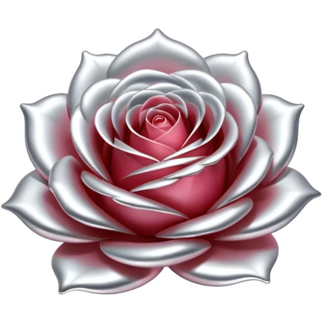 A rose emoji made of liquid silver metal, smooth metallic petals, reflective chrome surface, soft gradients, elegant shape, minimalistic iOS emoji style, centered, clean white background, realistic highlights, no text emoji