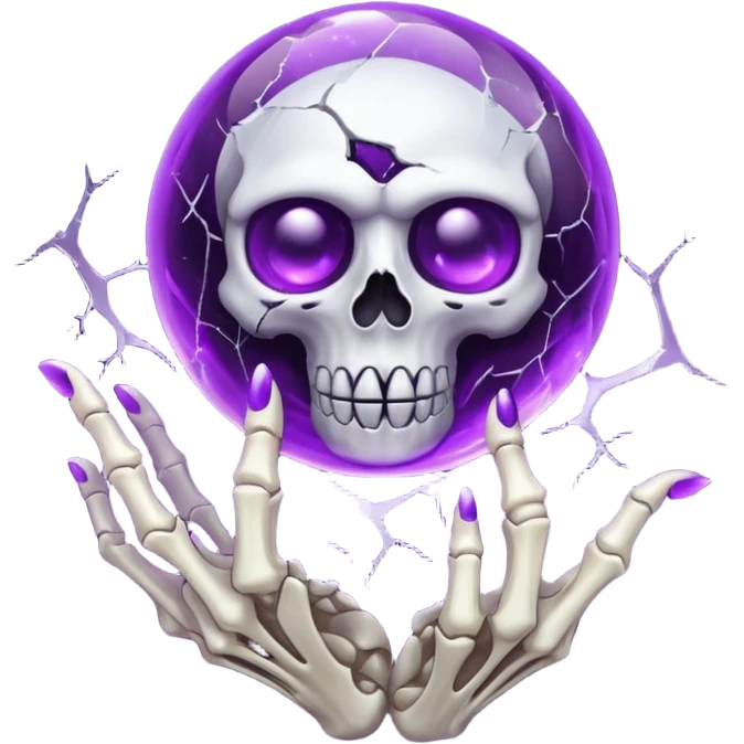 A Discord emoji of a floating, cracked purple crystal orb held by skeletal fingers. Void magic theme, vibrant glow, sharp detail, white background. emoji