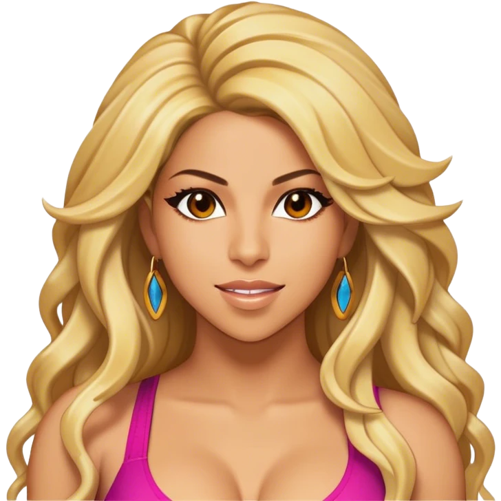 Cinematic Realistic portrait of Shakira, shown as a dynamic pop icon with expressive features and detailed modern attire, illuminated by vibrant, energetic lighting that highlights her global influence emoji
