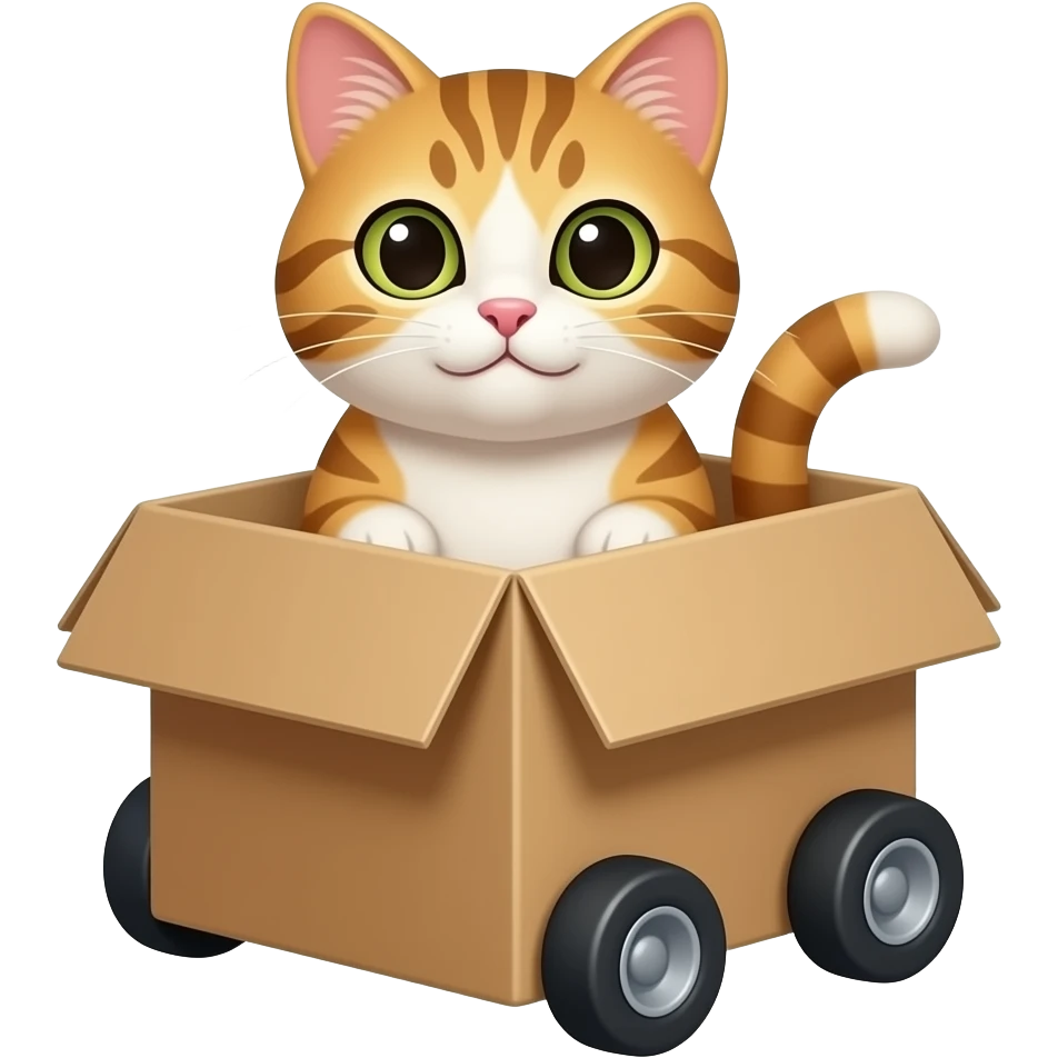 A cat in a cardboard box with wheels emoji