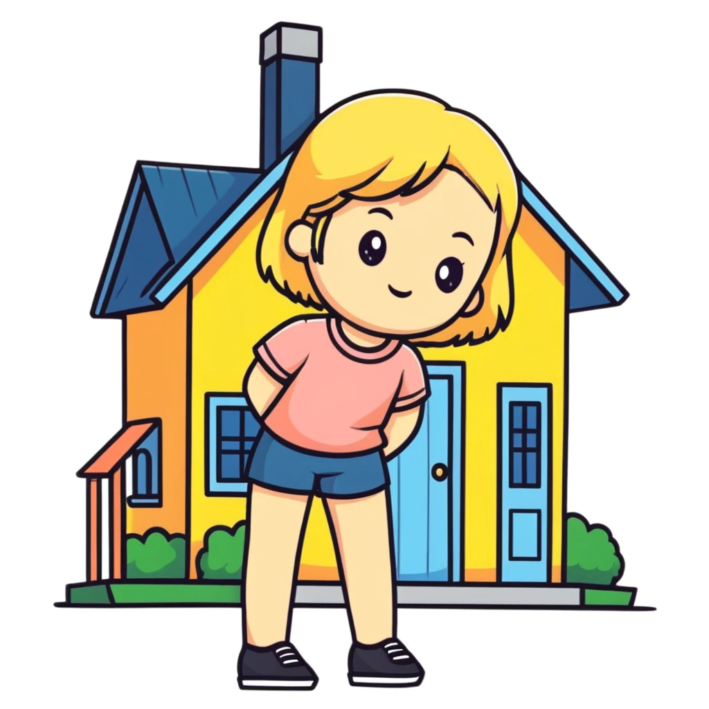 a blonde girl standing outside a small cute home emoji