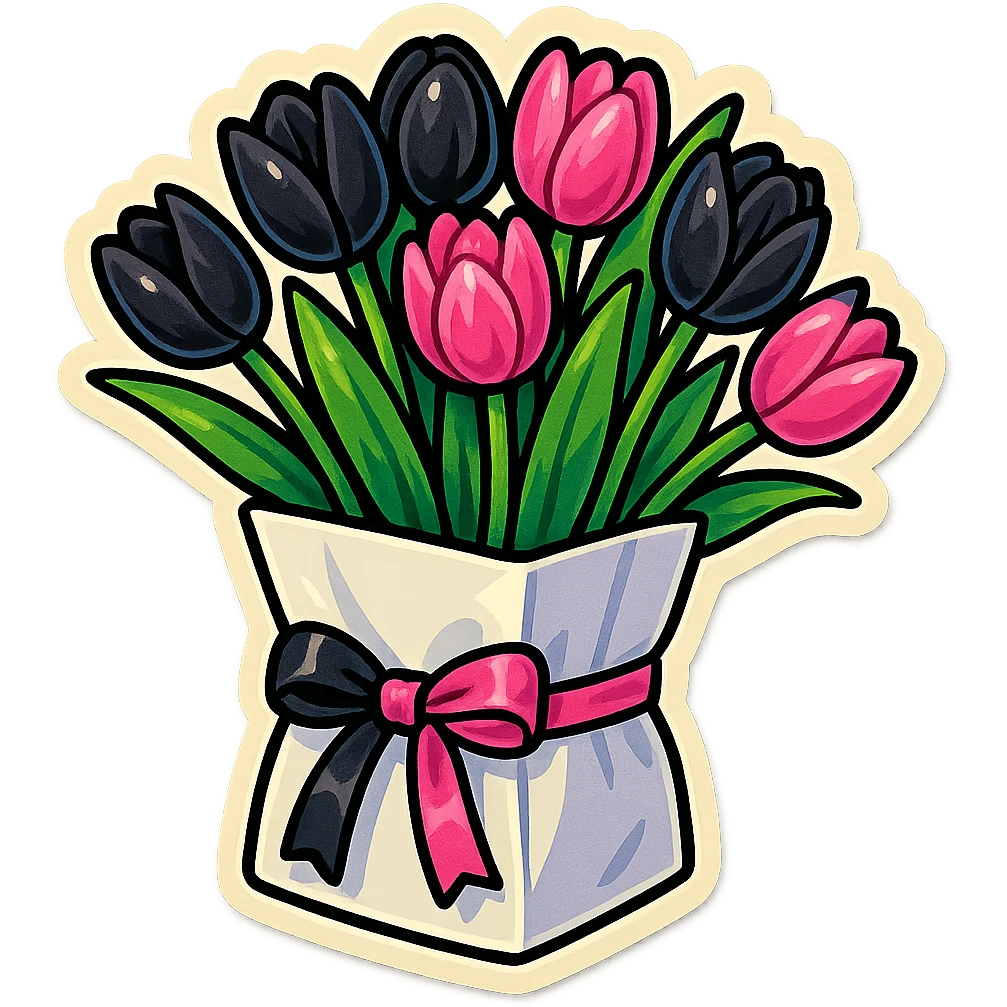 a bouquet of black and pink tulips in a white paper bag tied with a black and pink ribbon, retro stickers style, bold outlines, vibrant colors, playful and eye-catching emoji