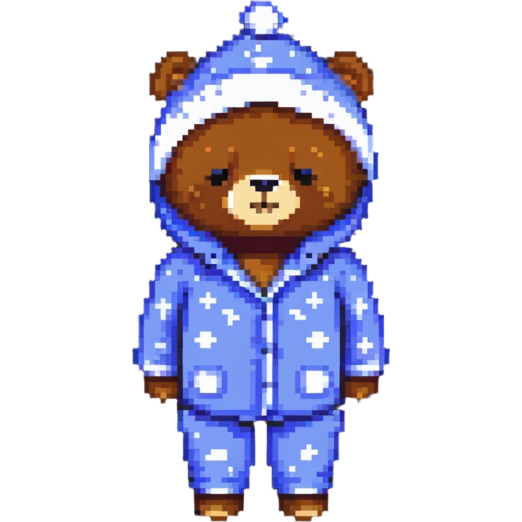 sleepy bear in pajamas with nightcap, pixel art style, pixel art, sleepy, cozy, nightcap, bedtime emoji