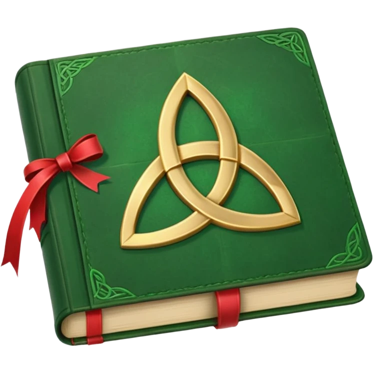 a green closed book with a golden triquetra on it with a red ribbon between the paged emoji