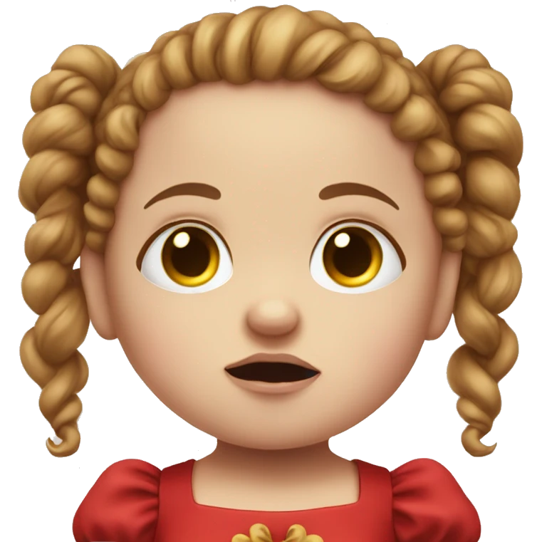 crying sad pale baby doll with red dress and curly brown pigtails emoji