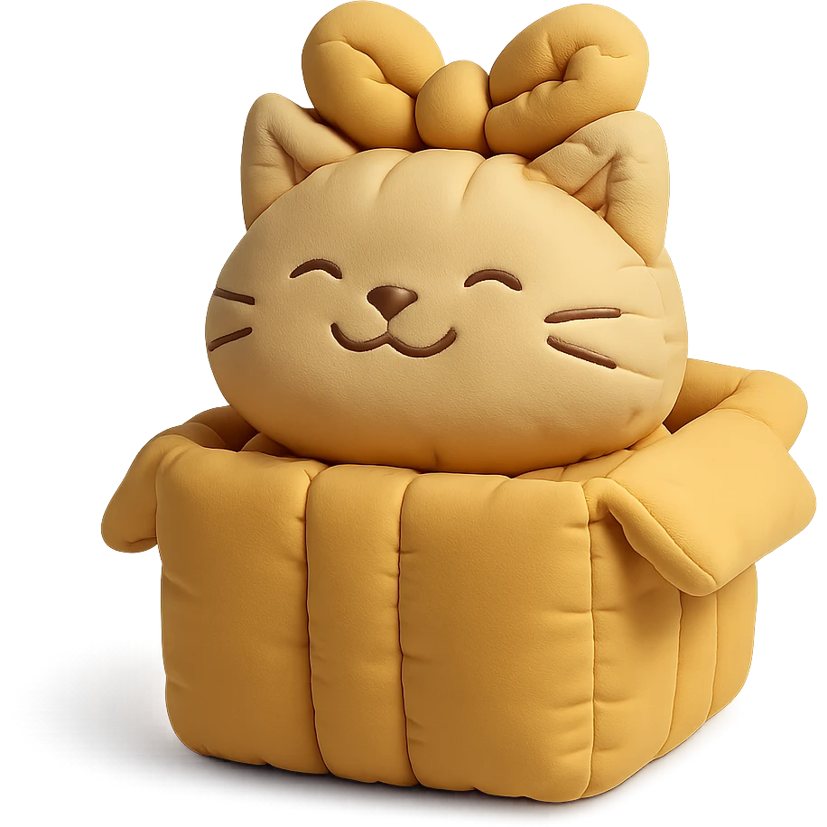cat inside a gift box with a ribbon on head, smiling, cushion style emoji