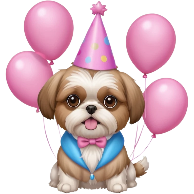 cute shih tzu hold a few pink balloons  in both arms with pink birthday hat emoji