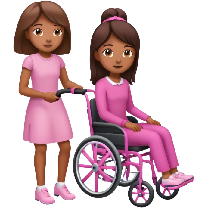 One tan skin sister pushing her brown skin sister in a pink wheelchair emoji