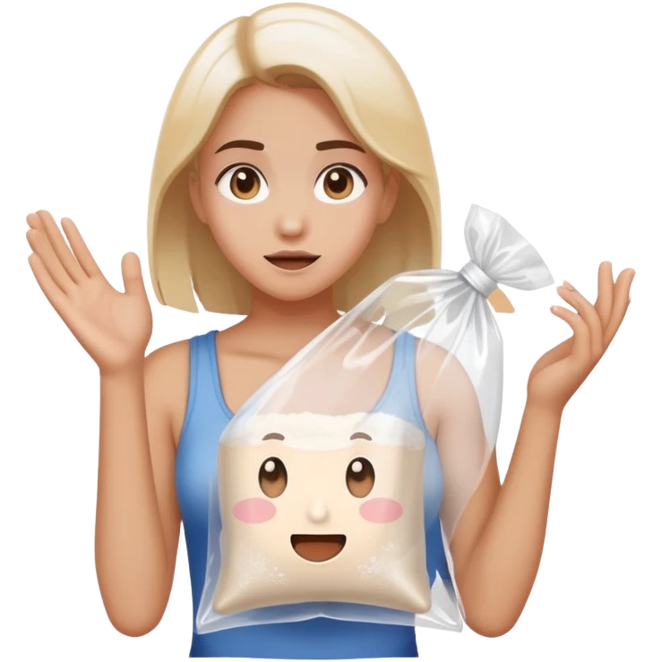 Girl shrugging holding a clear plastic bag with white powder emoji