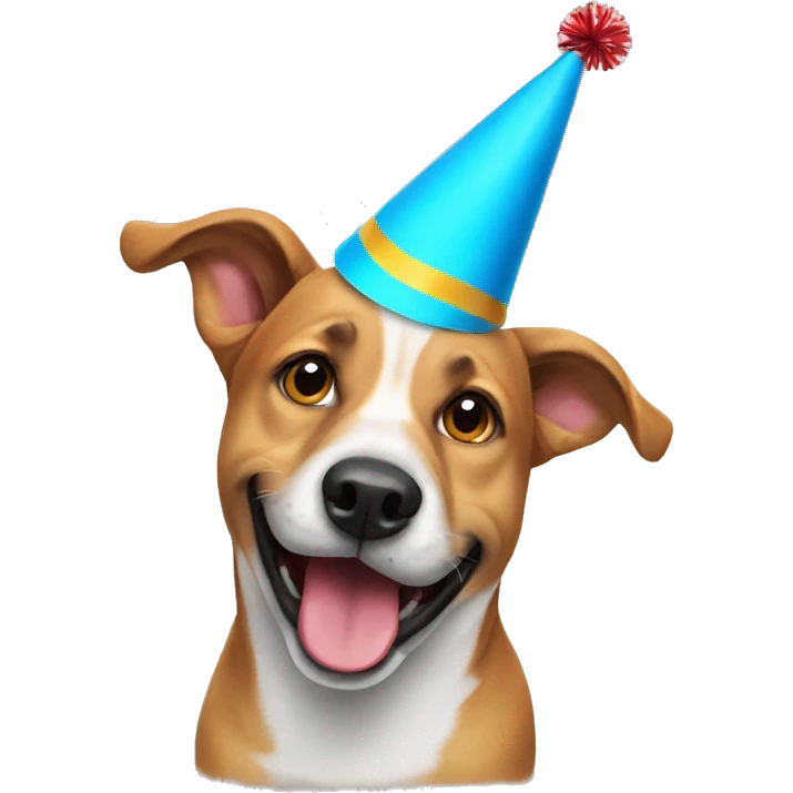 Dog looking cheerful with a party hat emoji