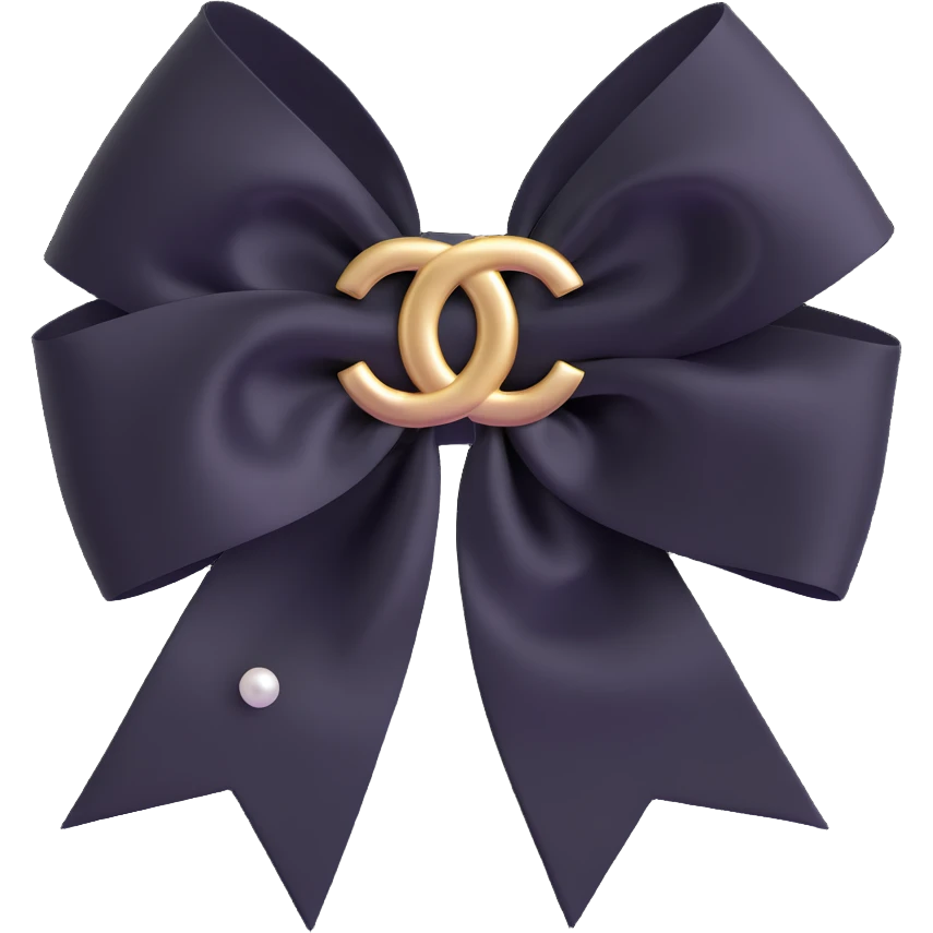 Change the bow to a double-layered satin ribbon bow, keep pearls and gold Chanel logo, elegant, glossy, black and white, 3D emoji style, with no background emoji