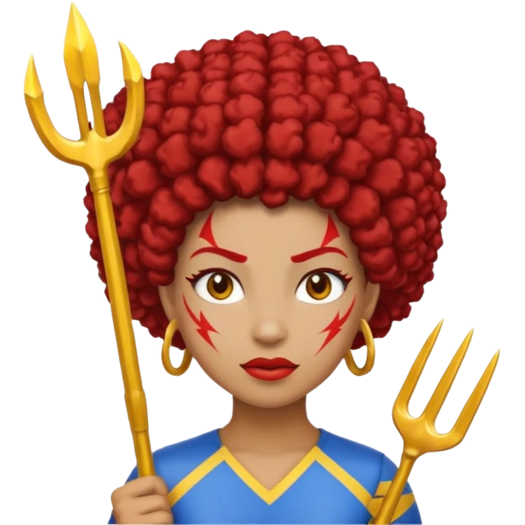 Emoji metisse femboy avec drapeau ukrainien arriere plan, un afro, sourcils rouge, fourche trident, et eclairs emoji