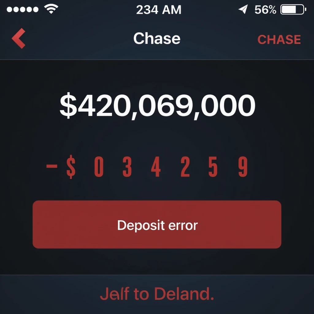 a iphone screenshot showing a chase bank balance of -$420,069,000, "deposit error" the numbers are shown in red, indicating a negative balance emoji