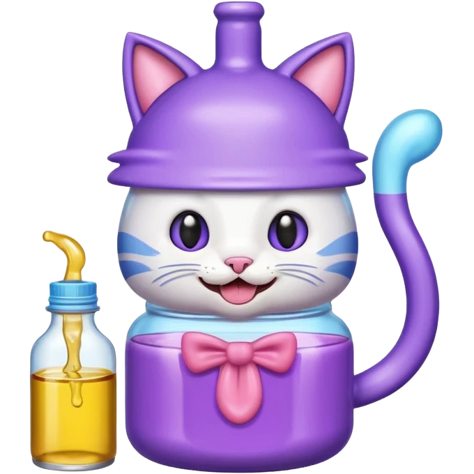 Smiling bottle of oil light purple top and light blue sticking tongue out and with cat ears emoji