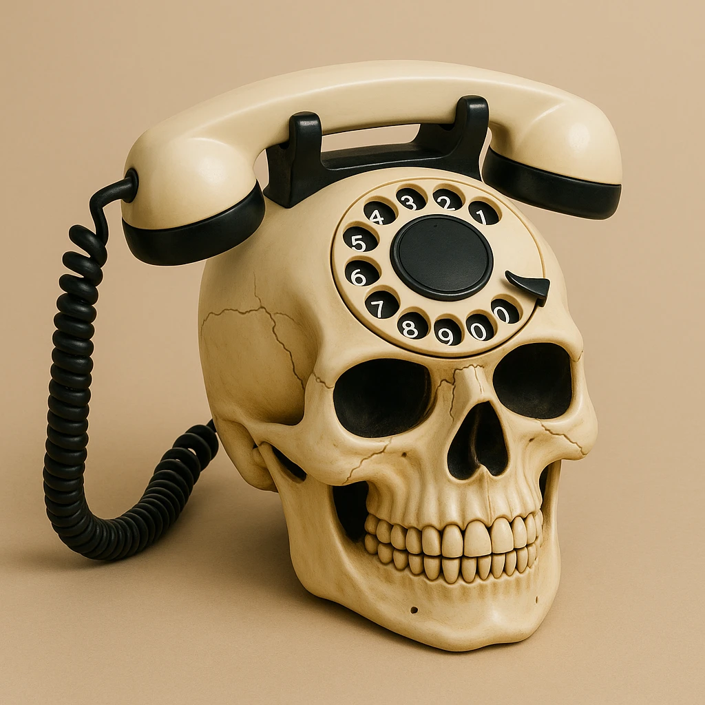 a playful and bold telephone shaped like a skull emoji
