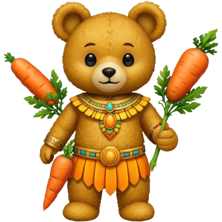 teddy bear half body, wearing yellow mayan ancient custome, with carrot half body emoji