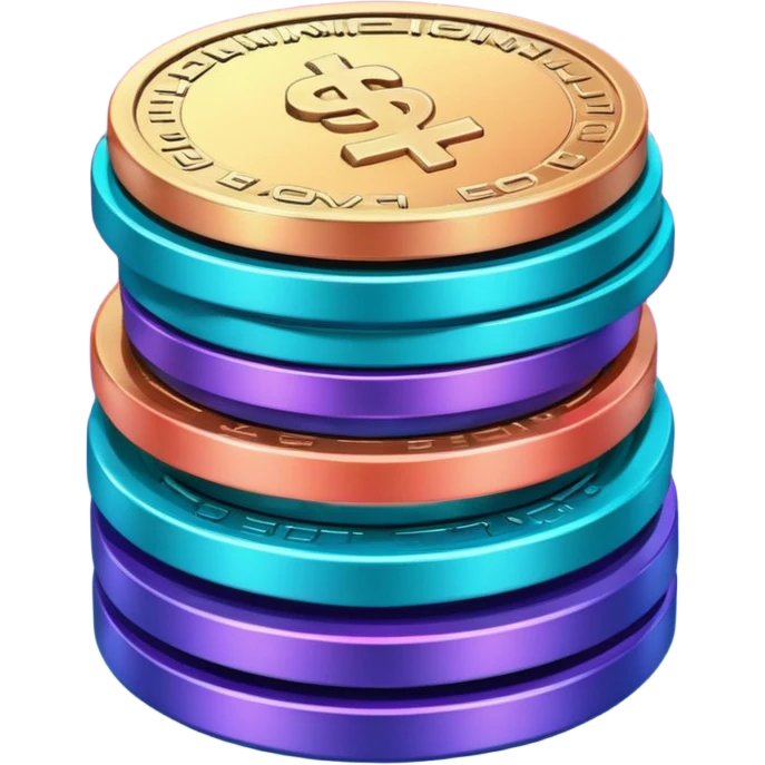Stack of coins in gradient of turquoise, blue, pink, purple, and coral color emoji