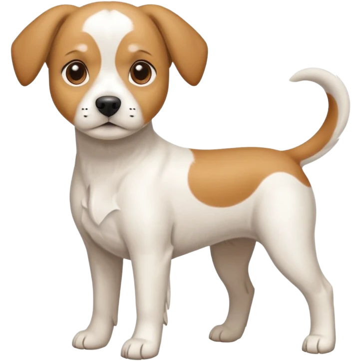 a full body white beagle x maltese x chi dog the size of a kelpie with light brown ears and a light brown patch on one eye emoji
