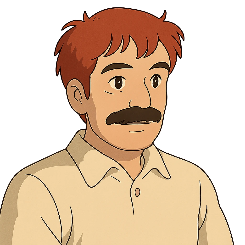 Asian man with black mustache and red hair, ghibli style emoji