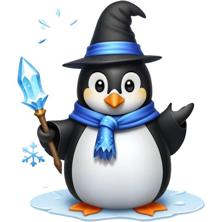 penguin wizard casting an ice spell with snowflakes and frost emoji