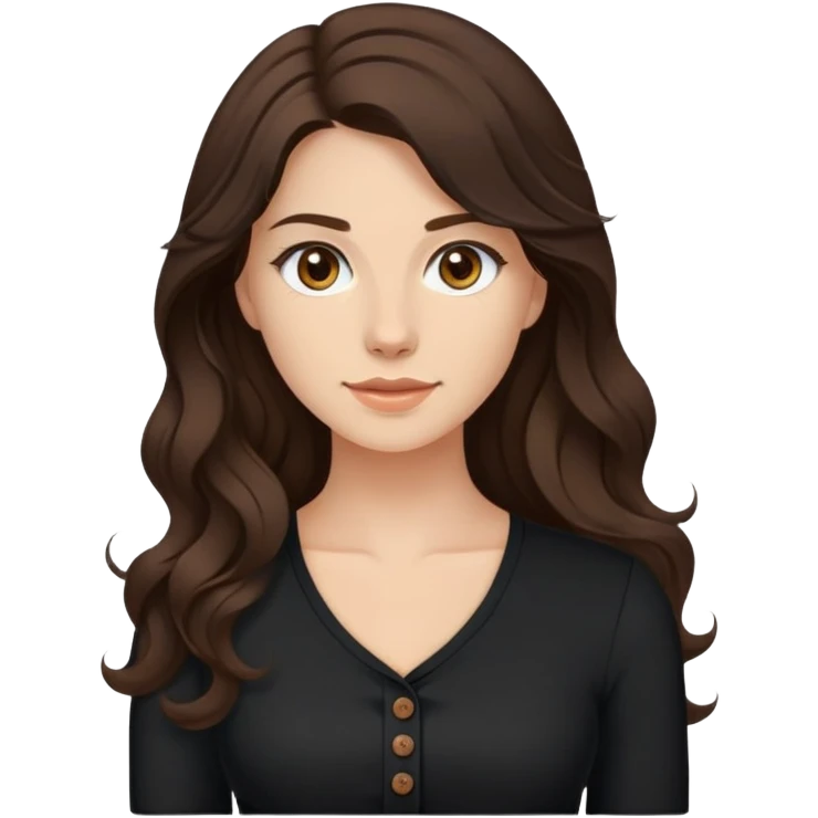 27 year old Caucasian woman with fair skin, brown eyes, long wavy dark brown hair, wearing a black top with a button emoji