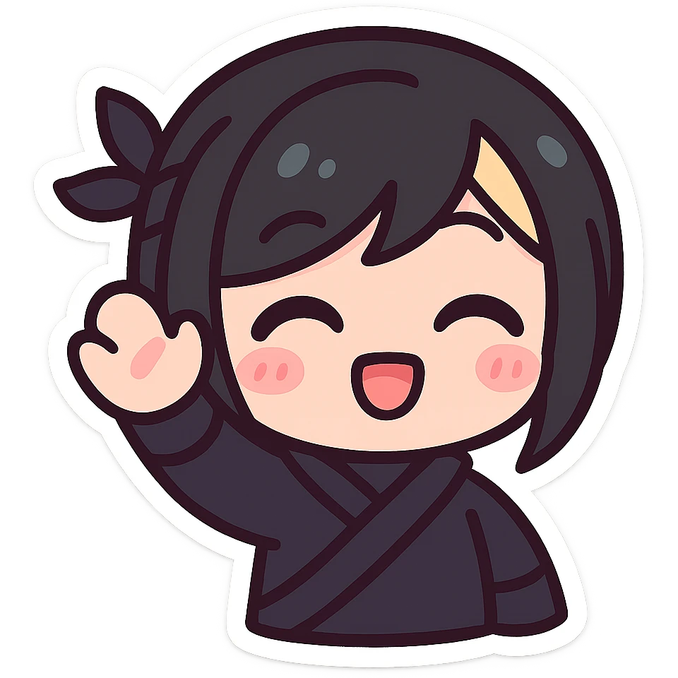 Kawaii chibi ninja girl with black short hair and a blonde streak, only head and arms, super cute, big sparkling eyes, rounder face, smaller mouth, extra soft colors, colorful chibi style, bold outlines, no mask, hand fully raised, waving, eyes closed in a happy expression, sized for Twitch emoji use. emoji