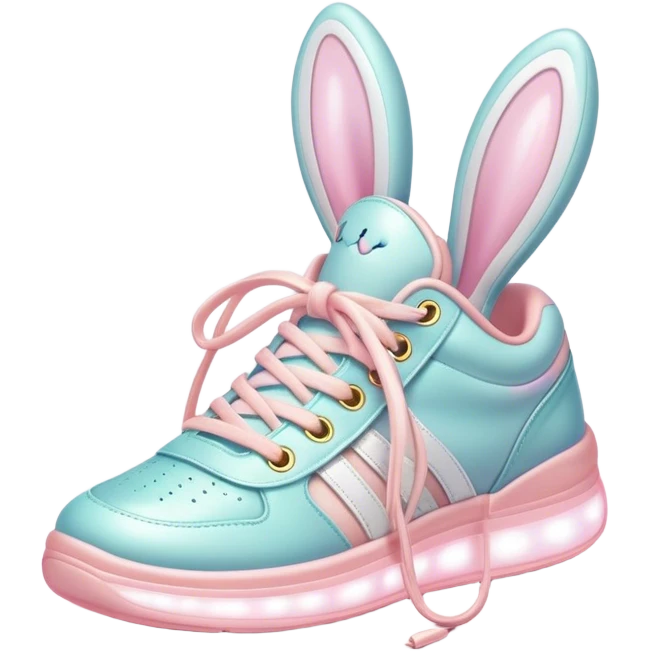 Cute Kawaii Shoe, small and bouncy, soft pastel sneakers with glowing highlights, cute sparkling eyes, a happy cheerful expression, laces tied like bunny ears! emoji