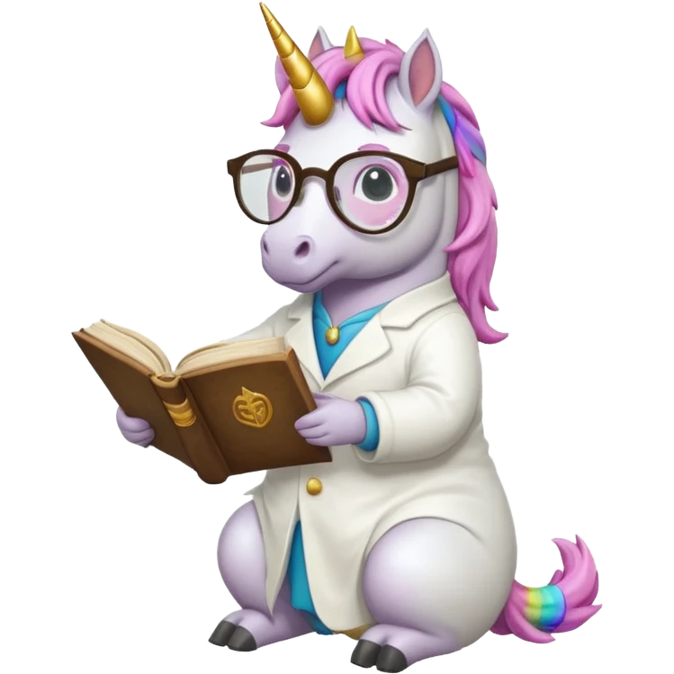 Unicorns read book
A full body of scholar unicorn wearing round glasses, reading a thick ancient tome. emoji