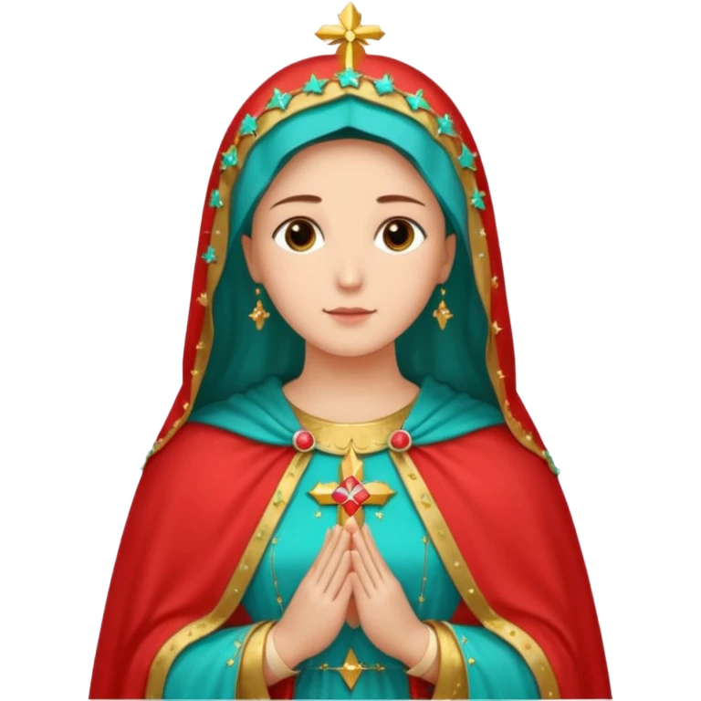 virgen maria catolica con vestido rossa, coral y manto verde turquesa y pequeñas estrellas doradas, dispersas por el manto, muchas estrellas en su manto.con las manos juntas emoji