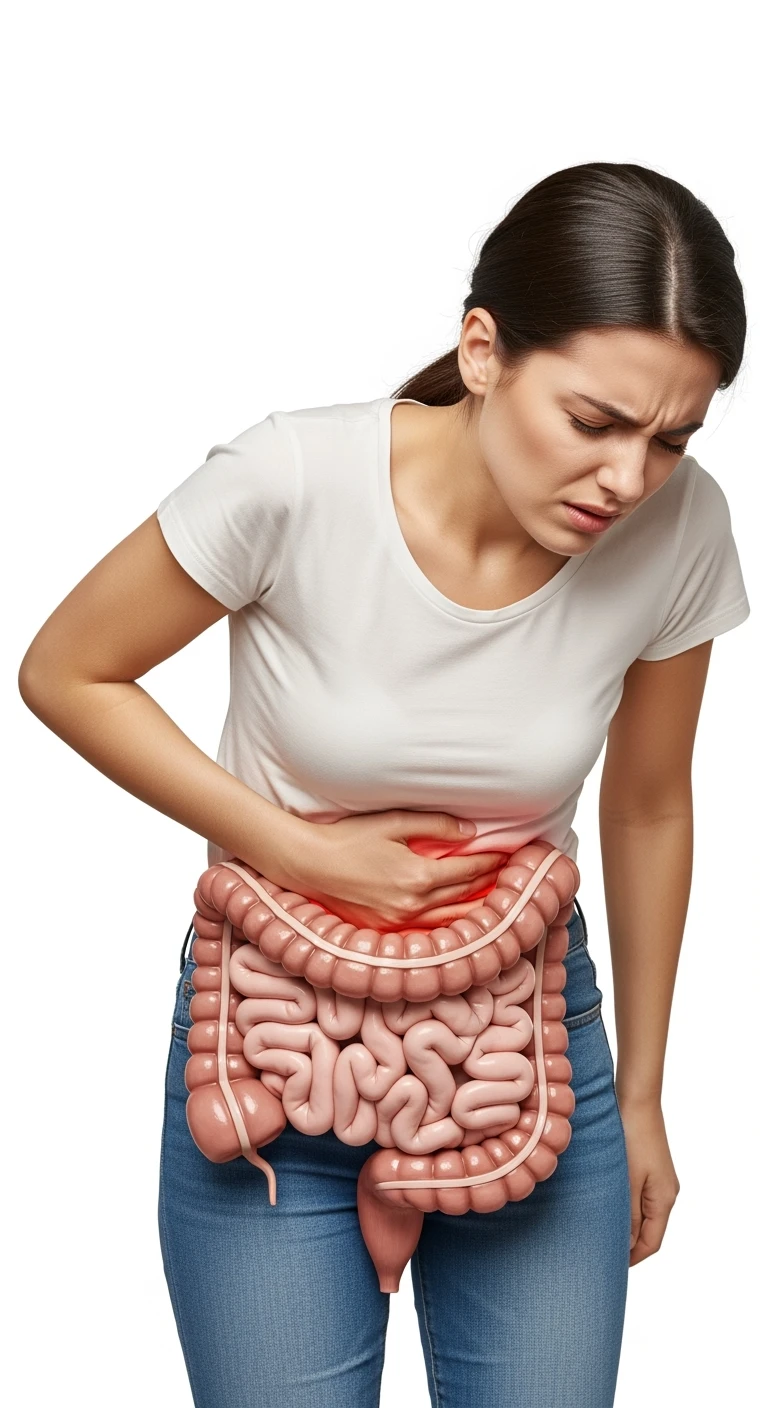 donna giovane piegata in avanti con mal di pancia e INTESTINO UMANO ANATOMICO IN EVIDENZA, iperrealistica 4k, ISOLATA SU SFONDO BIANCO emoji
