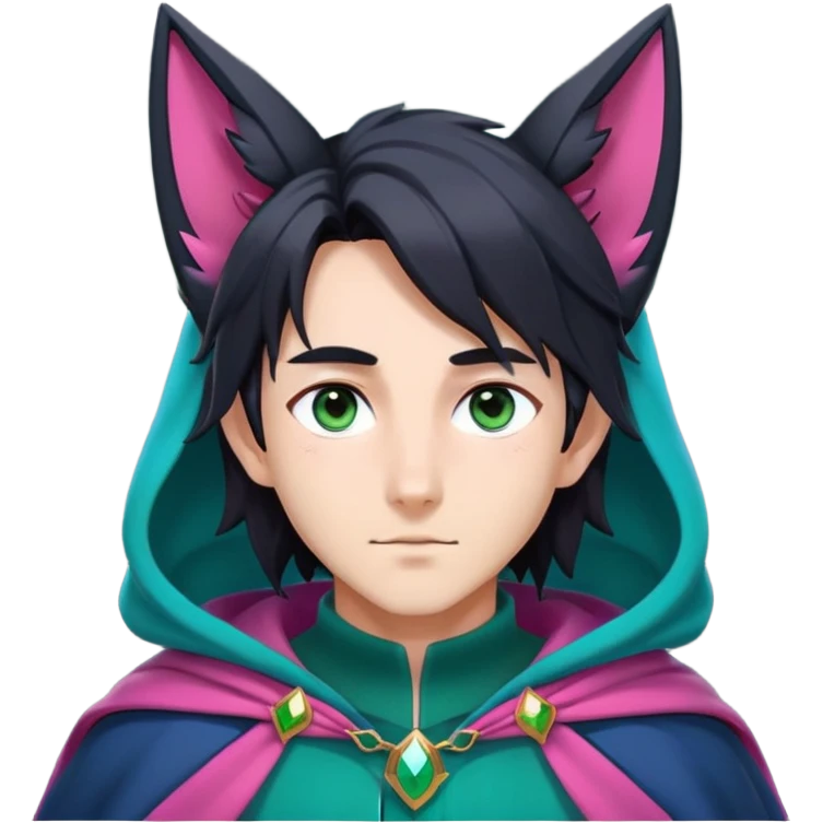 anime man with long-straight-dark-black-gradient hair, long black fox ears with pink Scapha, hazel-gradient-brown-turquoise eyes, gold earring, dark-blue-sweater, green cape,  emoji